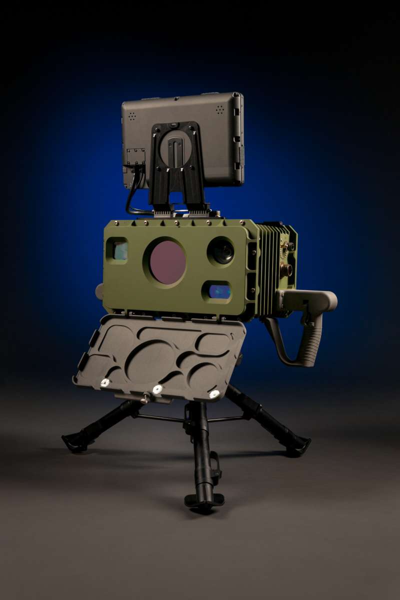 A defense product photographed against a grey background with blue highlight.